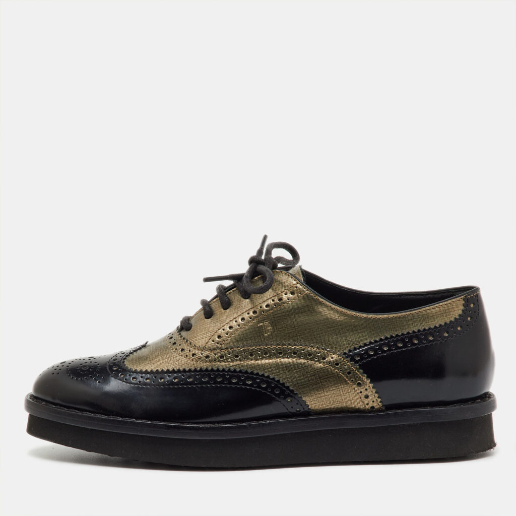 luxury-women-tods-used-shoes-p1243069-001.jpg Tod's Black/Metallic Gold and Leather Brogue Wingtip Lace Up Oxfords Size 36