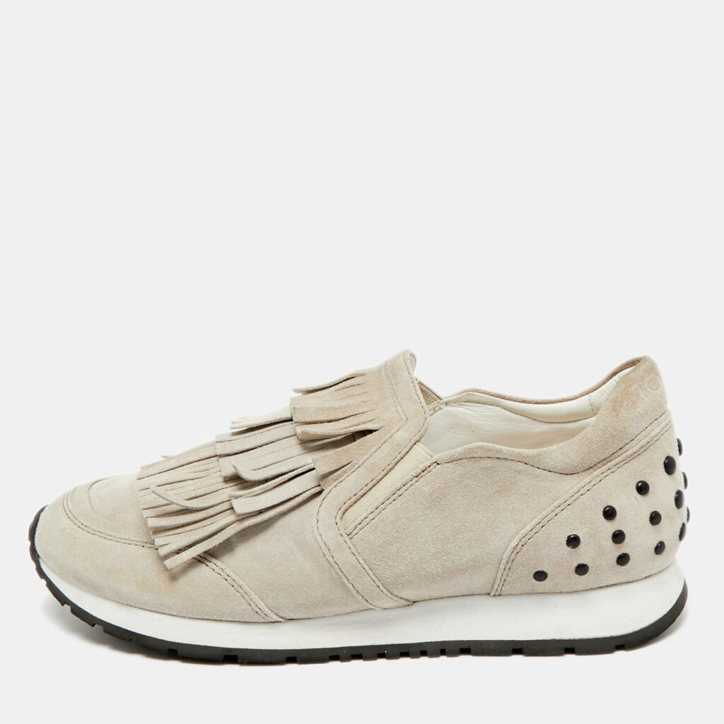 luxury-women-tods-used-shoes-p1246564-001-1.jpg Tod's Light Grey Suede Fringe Detail Slip On Sneakers Size 35.5