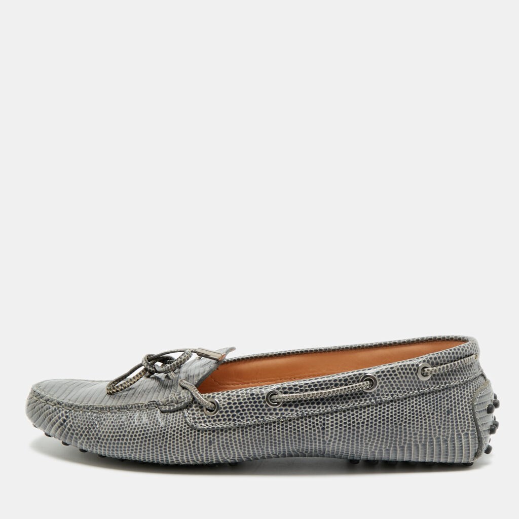 Tod's Size 40.5 Grey Lizard Embossed Leather Bow Slip On Loafers
