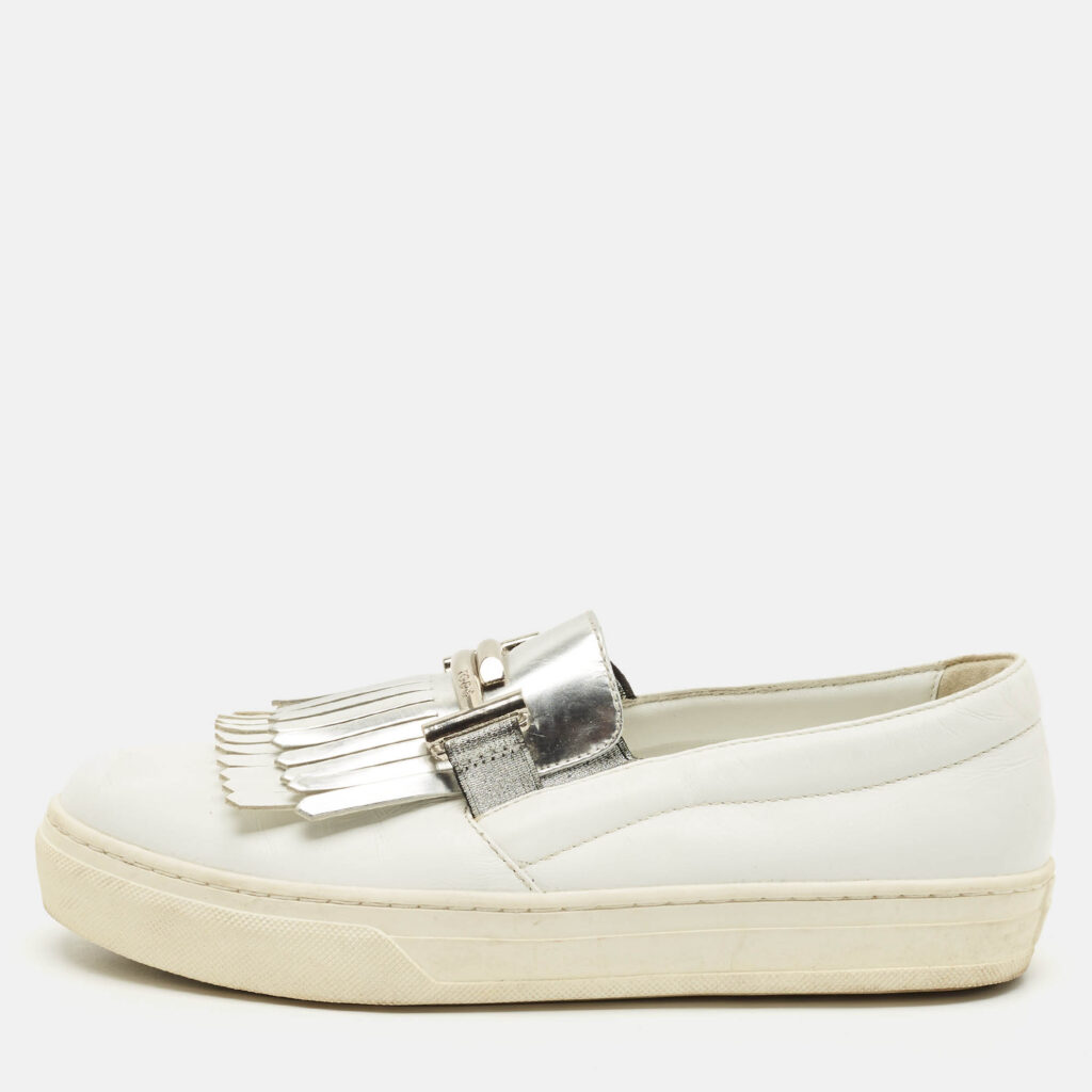 Tod's Fringe Strap Size 36 White Leather Slip On Loafer Sneakers