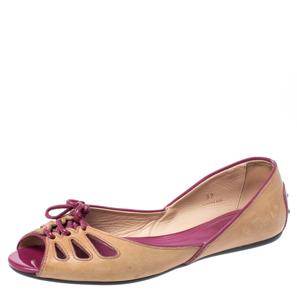Tod's Brown Leather And Patent Trim Peep Toe Ballet Flats Size 37 Tod's Brown Leather And Patent Trim Peep Toe Ballet Flats Size 37
