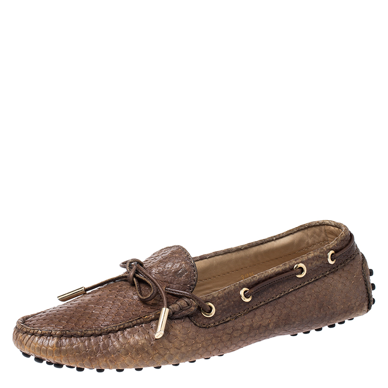Tod's Brown Python Leather Bow Loafers Size 39.5 Tod's Brown Python Leather Bow Loafers Size 39.5