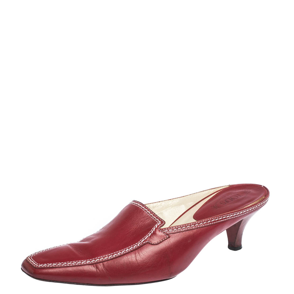 Tod's Red Leather Loafer Slide Kitten Heel Mules Size 37 Tod's Red Leather Loafer Slide Kitten Heel Mules Size 37