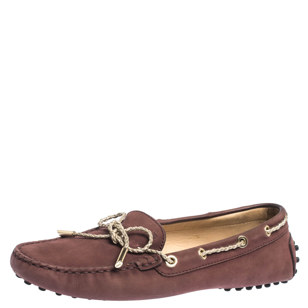 Tod's Purple Nubuck And Gold Leather Bow Loafers Size 38.5
