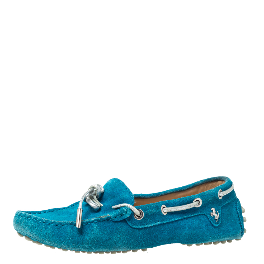 Tod's For Ferrari Teal Blue Suede Bow Loafers Size 35.5 Tod's For Ferrari Teal Blue Suede Bow Loafers Size 35.5