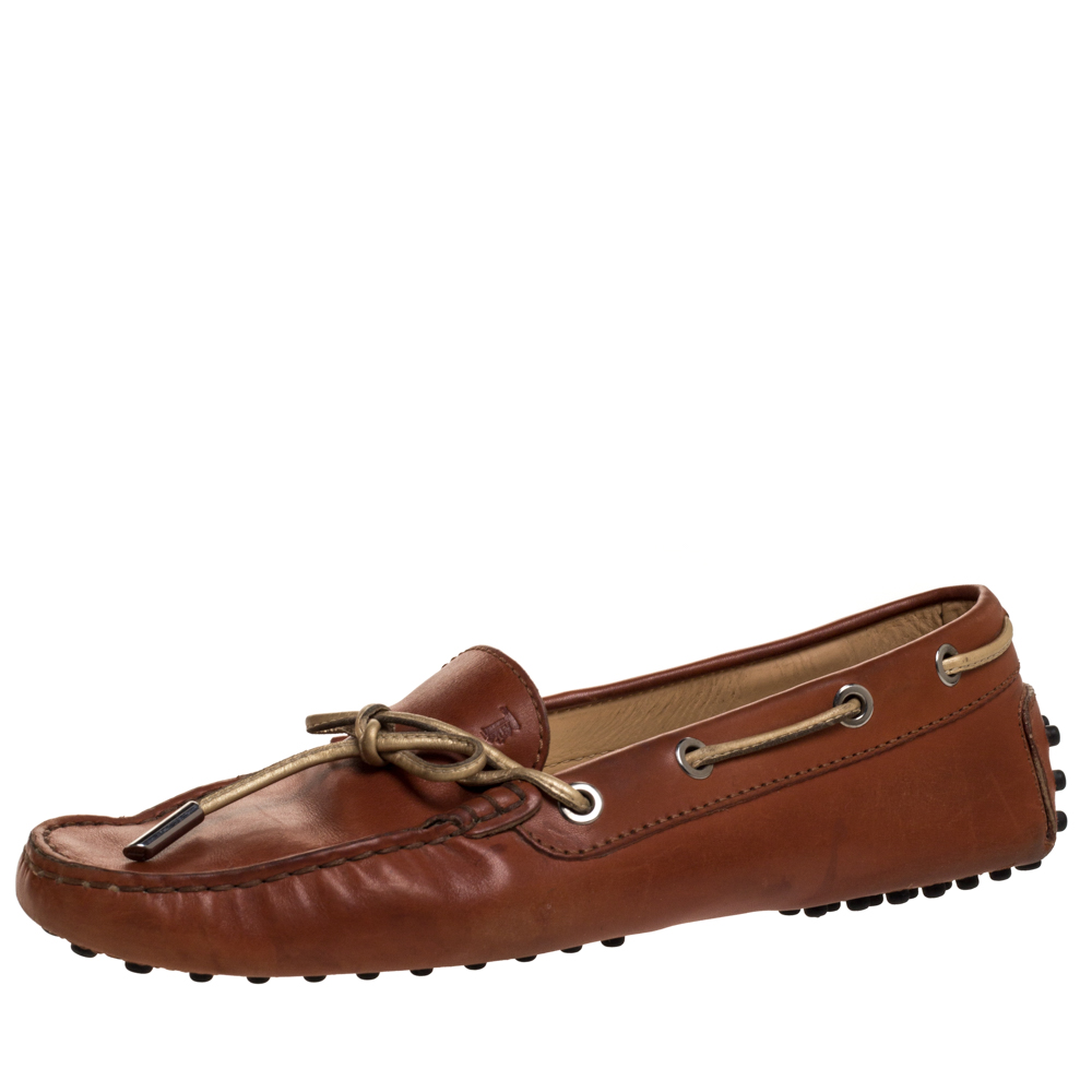 Tod's Brown Leather Bow Slip On Loafers Size 37.5