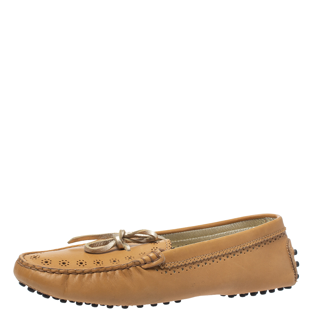 Tod's Tan Perforated Leather Bow Loafers Size 37.5 Tod's Tan Perforated Leather Bow Loafers Size 37.5