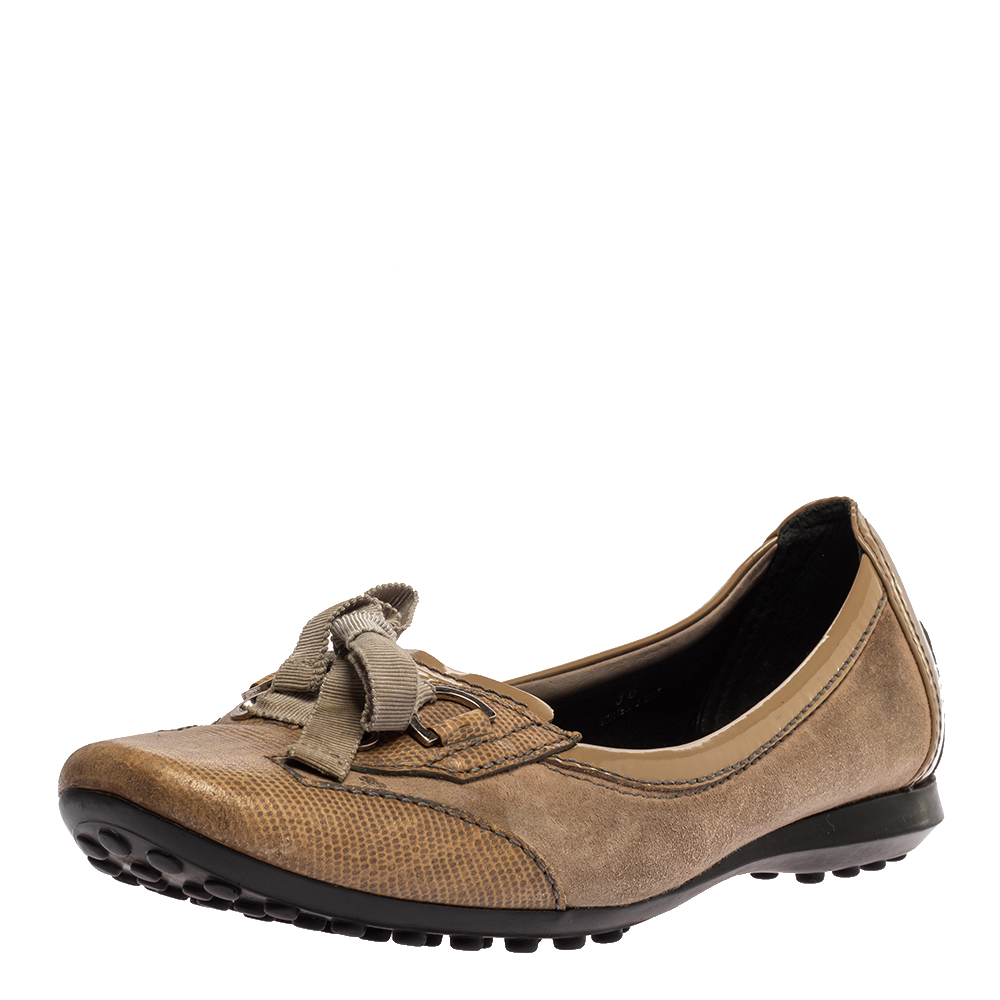 Tod's Beige Patent, Lizard Embossed Leather And Suede Bow Flats Size 36 Tod's Beige Patent, Lizard Embossed Leather And Suede Bow Flats Size 36