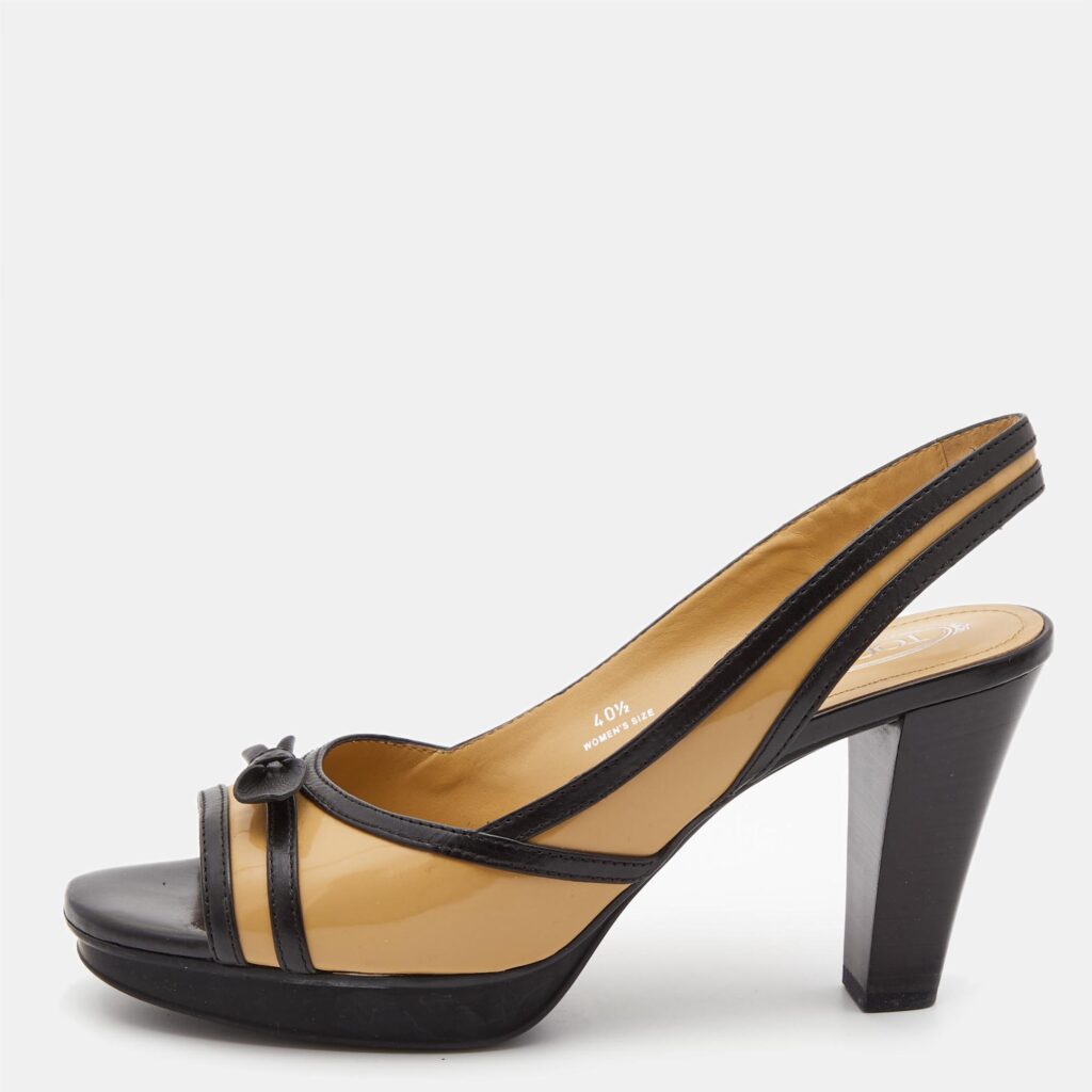 Tod's Beige/Black Patent Leather Bow Platform Slingback Open Toe Sandals Size 40.5 Tod's Beige/Black Patent Leather Bow Platform Slingback Open Toe Sandals Size 40.5