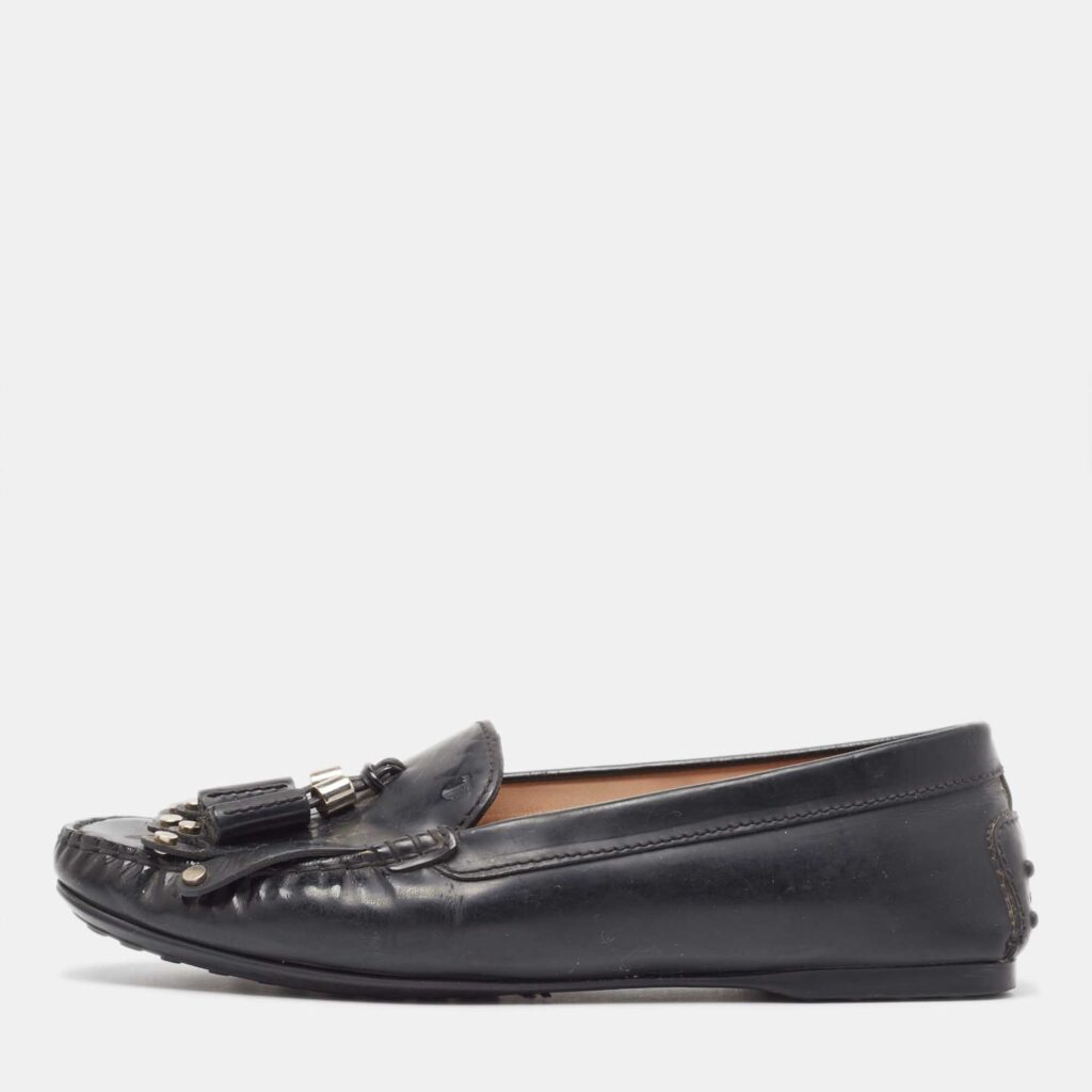 Tod's Black Patent Leather Tessal Fringe Detail Slip On Loafers Size 38.5 Tod's Black Patent Leather Tessal Fringe Detail Slip On Loafers Size 38.5