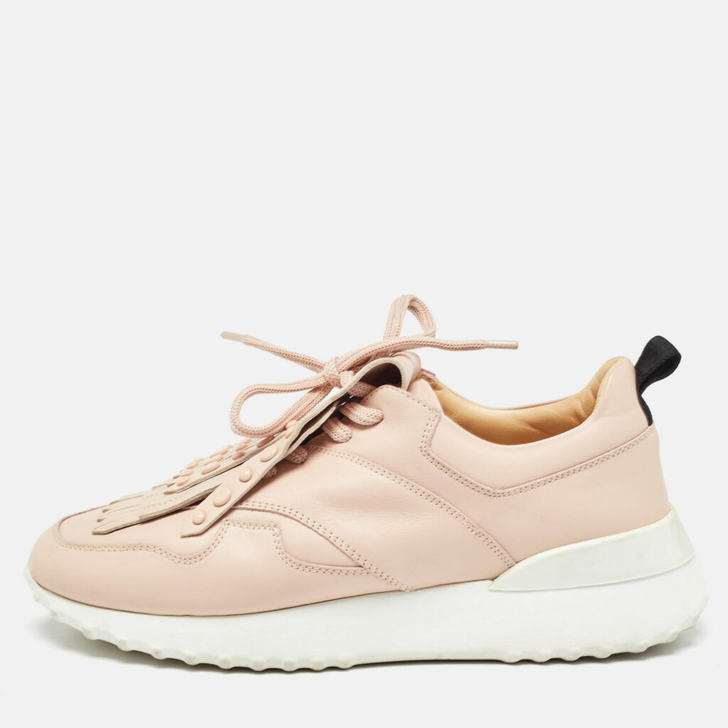 luxury-women-tods-used-shoes-p999434-010.jpg Tod's Pink Leather Fringe Details Low Top Sneakers Size 37