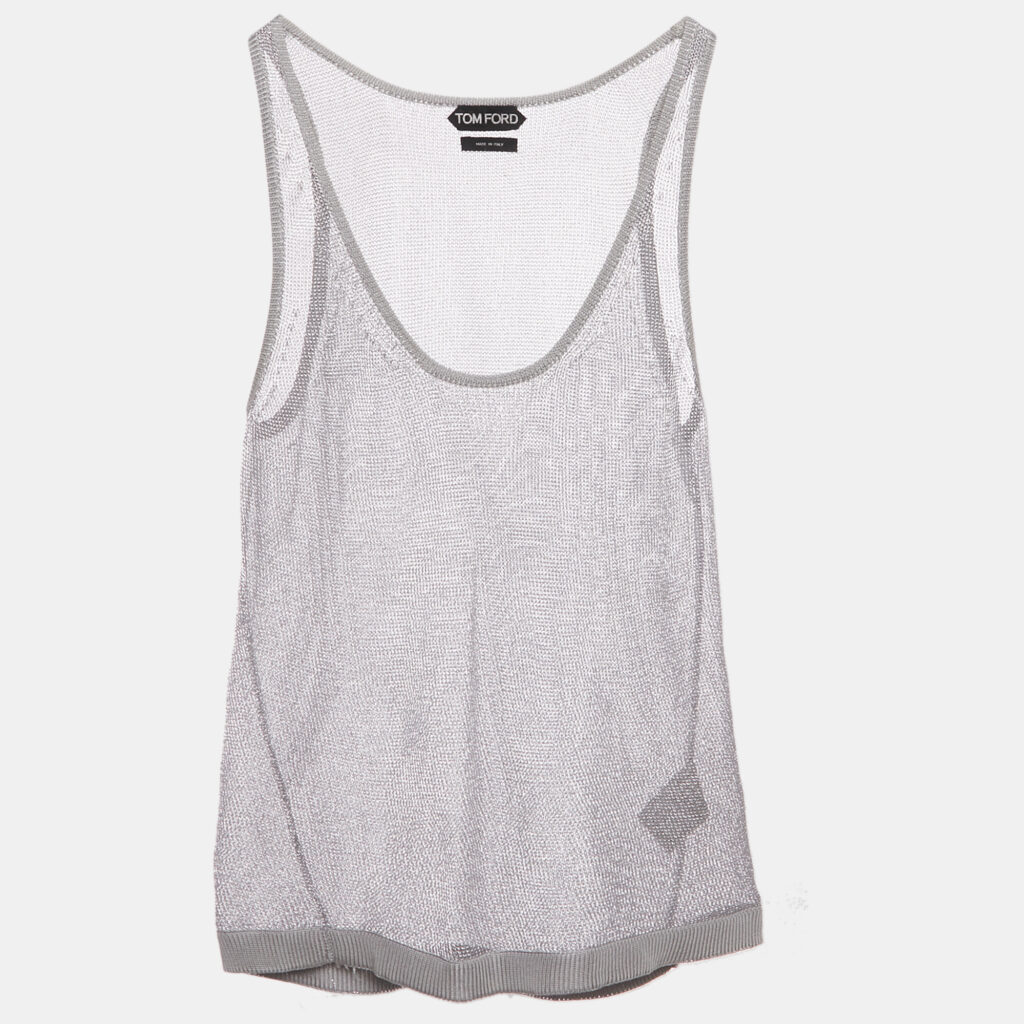 luxury-women-tom-ford-used-clothes-p1250592-006-1.jpg Tom Ford Silver Metallic Knit Sheer Tank Top S
