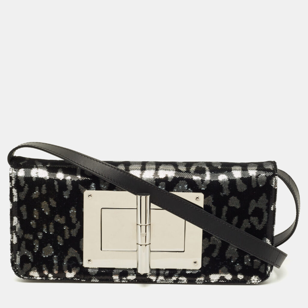 Tom Ford Black/Silver Leopard Print Sequins and Leather Natalia Long Clutch Bag Tom Ford Black/Silver Leopard Print Sequins and Leather Natalia Long Clutch Bag