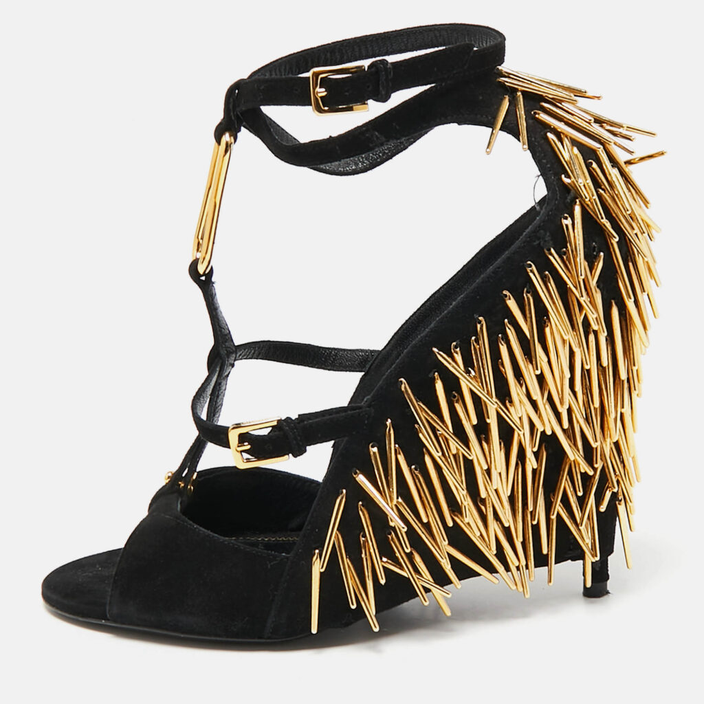 Tom Ford Black Suede Embellished Ankle Wrap Wedge Sandals Size 37 Tom Ford Black Suede Embellished Ankle Wrap Wedge Sandals Size 37