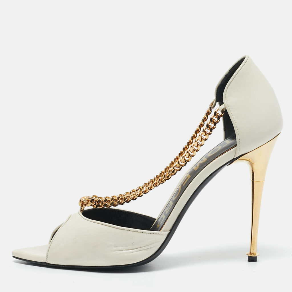 luxury-women-tom-ford-used-shoes-p1150846-010-1.jpg Tom Ford White Leather Chain Detail Open Toe Pumps Size 38