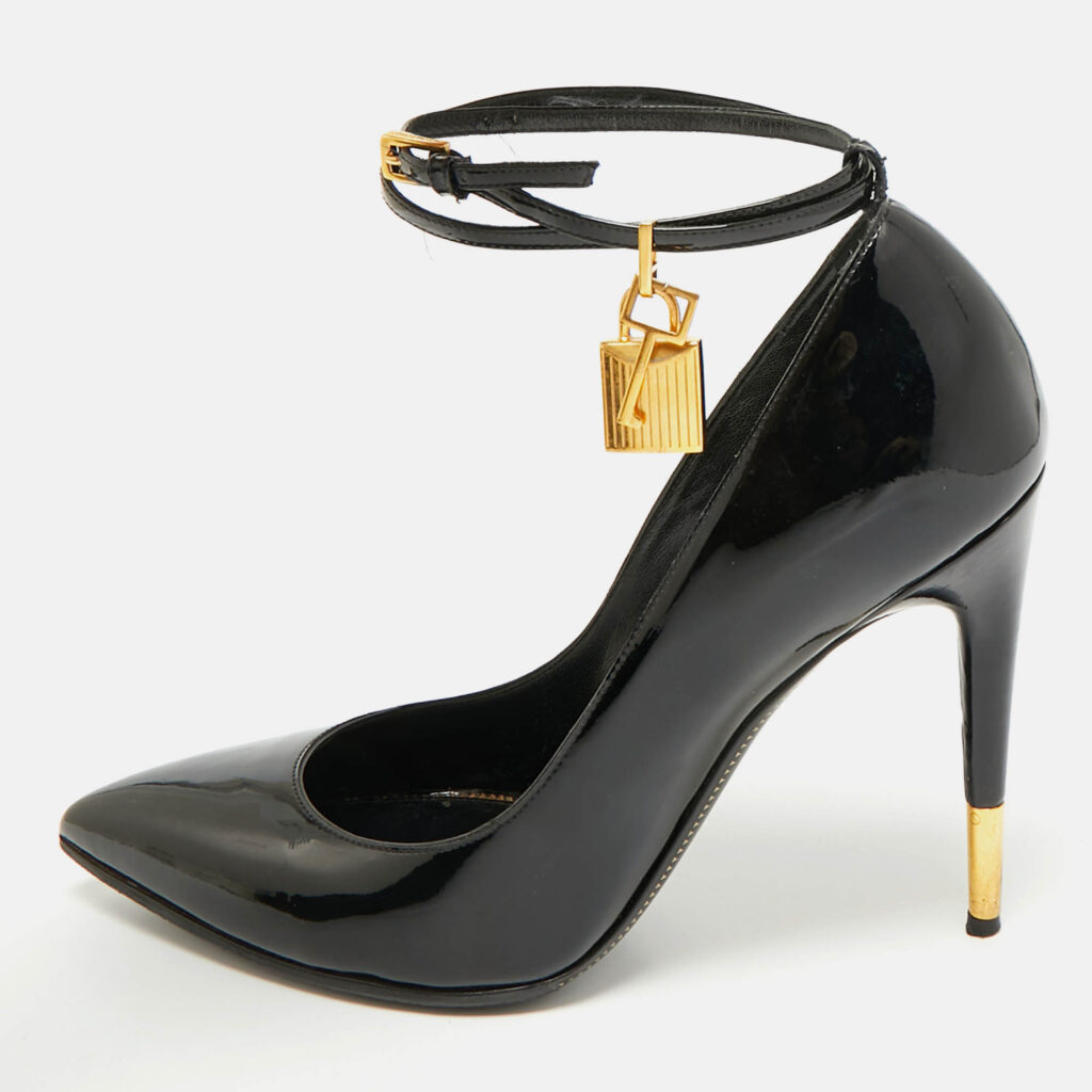 Tom Ford Black Patent Leather Padlock Ankle Wrap Pointed Toe Pumps Size 41