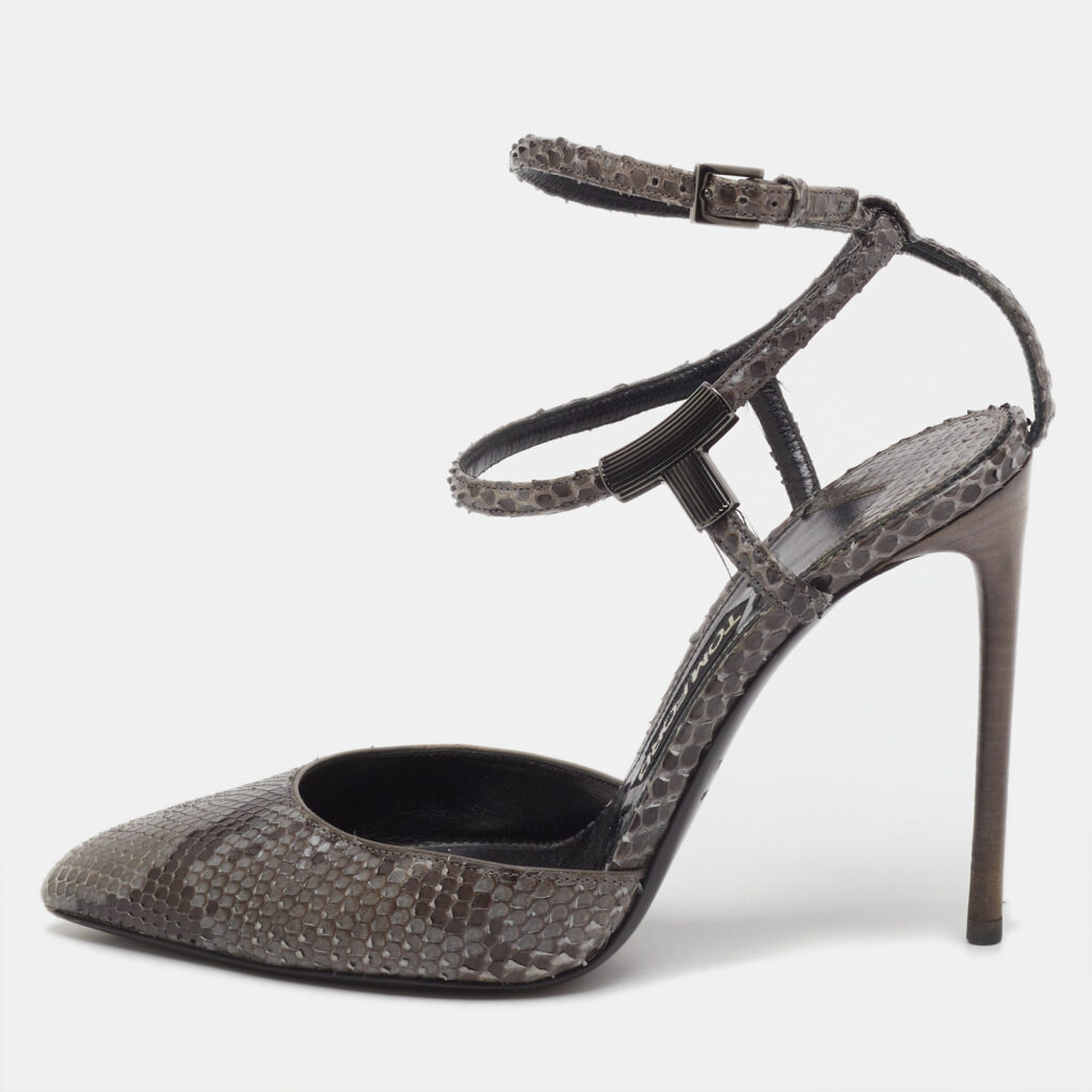 Tom Ford Grey/Brown Snakeskin Leather Pointed Toe Ankle Strap Pumps Size 37 Tom Ford Grey/Brown Snakeskin Leather Pointed Toe Ankle Strap Pumps Size 37