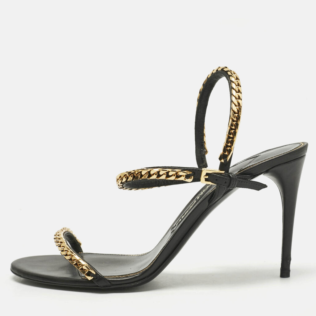Tom Ford Black Leather Chain Embellish Ankle Strap Sandals Size 40 Tom Ford Black Leather Chain Embellish Ankle Strap Sandals Size 40