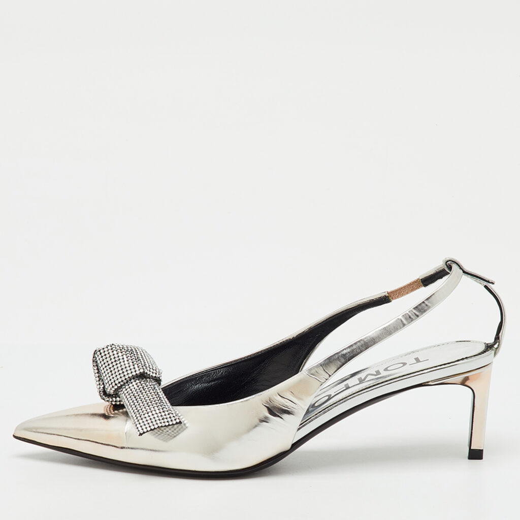 Tom Ford Silver Leather Embellished Bow Slingback Pumps Size 37.5