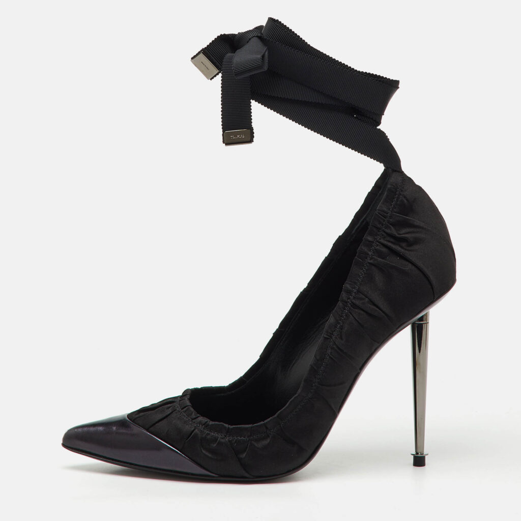 Tom Ford Black Pleated Fabric and Leather Ankle Tie Pumps Size 36