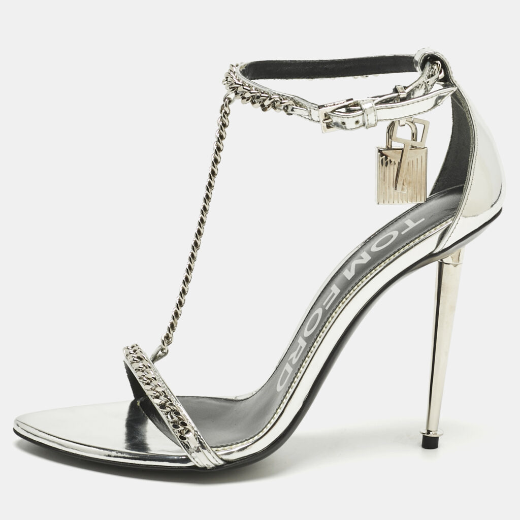Tom Ford Silver Patent Leather Padlock Chain Ankle Strap Sandals Size 36
