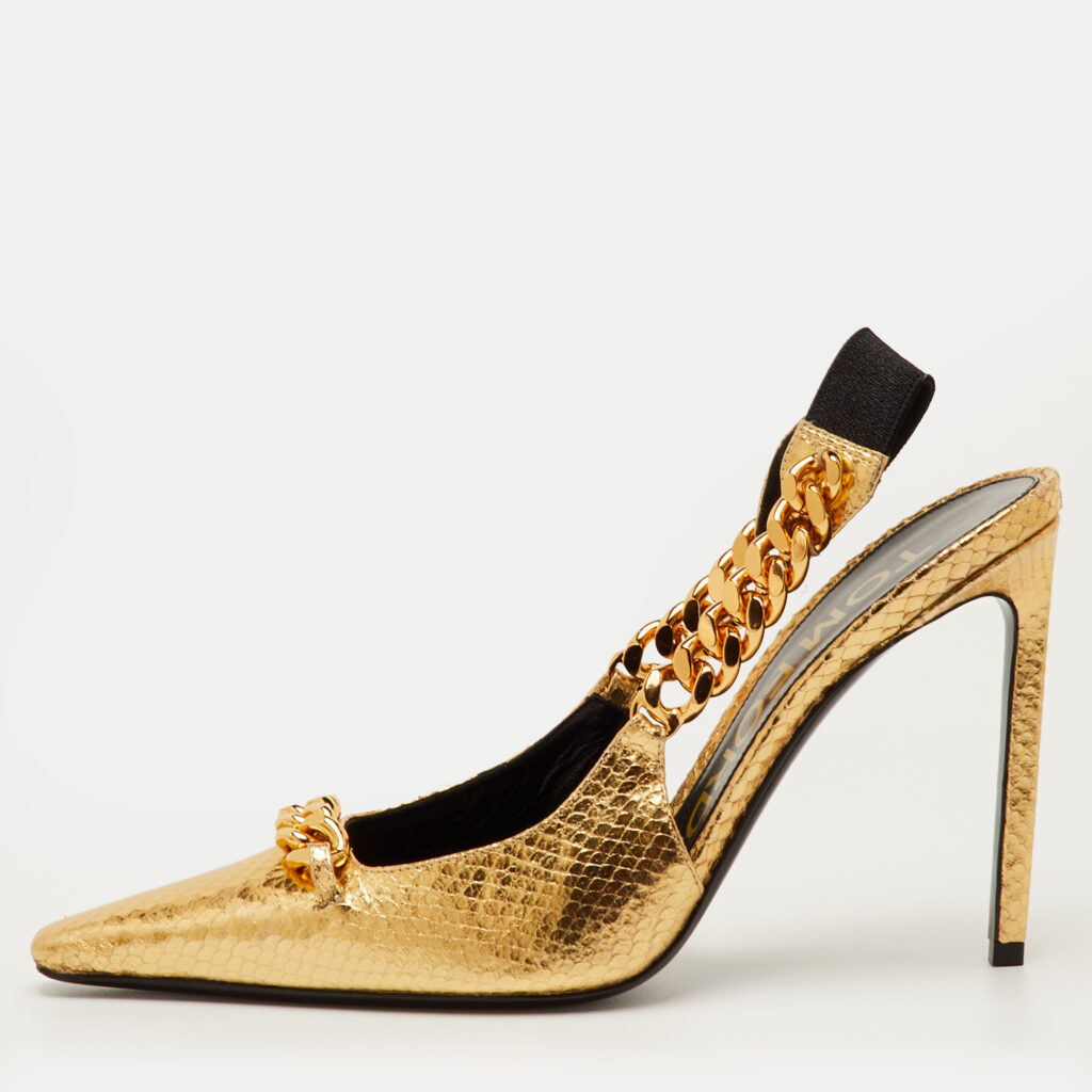Tom Ford Size 40.5 Gold Python Embossed Leather Chain Link Slingback Pumps Tom Ford Size 40.5 Gold Python Embossed Leather Chain Link Slingback Pumps