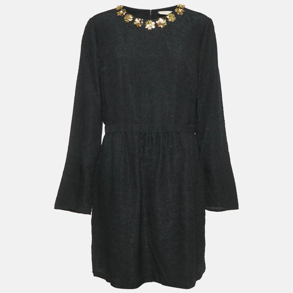 Tory Burch Black Floral Embossed Silk Blend Embellished Short Dress XL Tory Burch Black Floral Embossed Silk Blend Embellished Short Dress XL