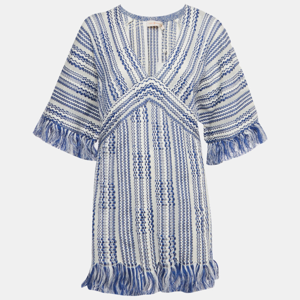 Tory Burch White /Blue Striped Linen Blend Tunic Top XL