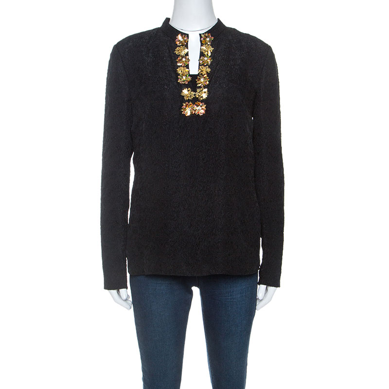 Tory Burch Black Embossed Silk Embellished Tunic Top M Tory Burch Black Embossed Silk Embellished Tunic Top M