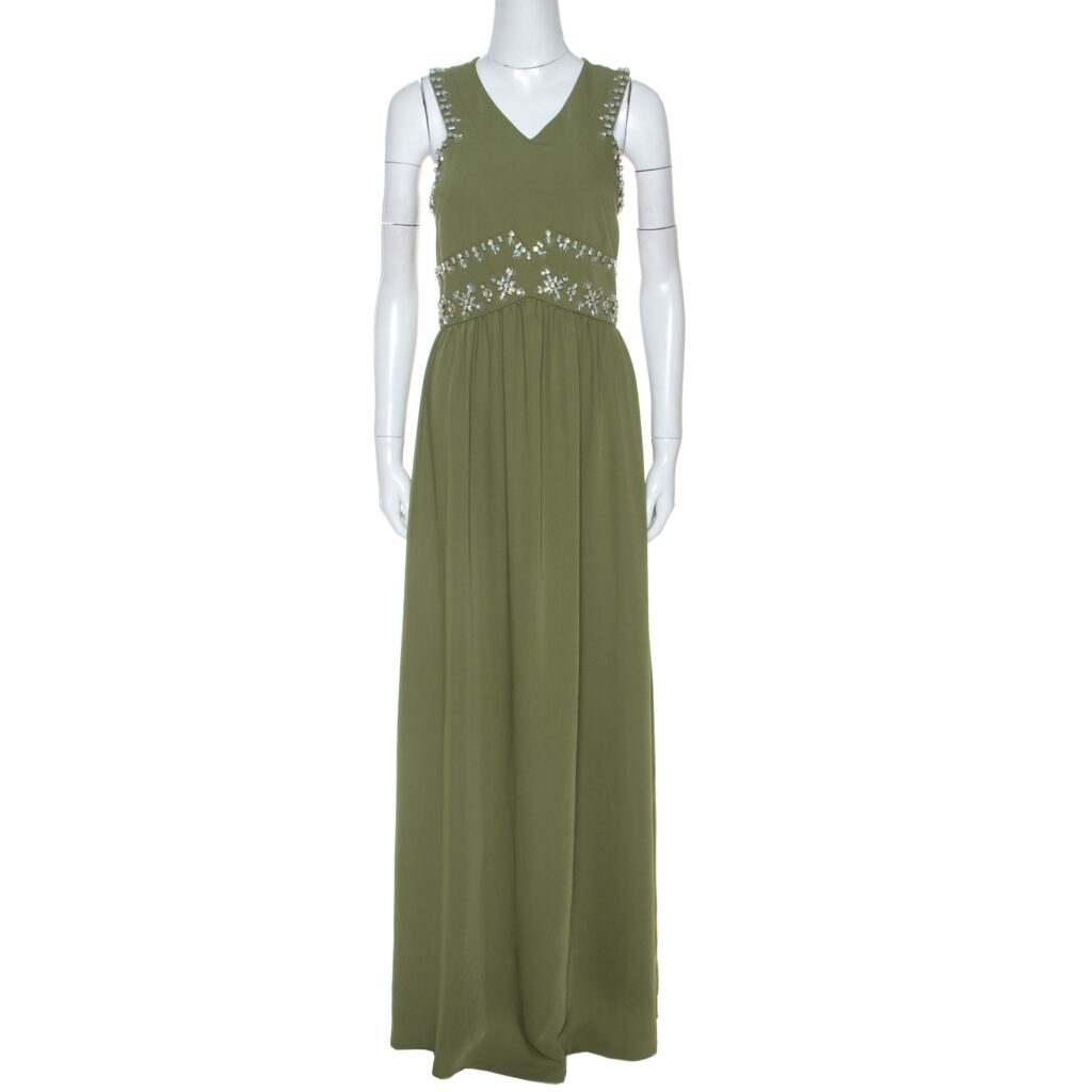 Tory Burch Green Crepe Embellished Luisa Sleeveless Gown M Tory Burch Green Crepe Embellished Luisa Sleeveless Gown M