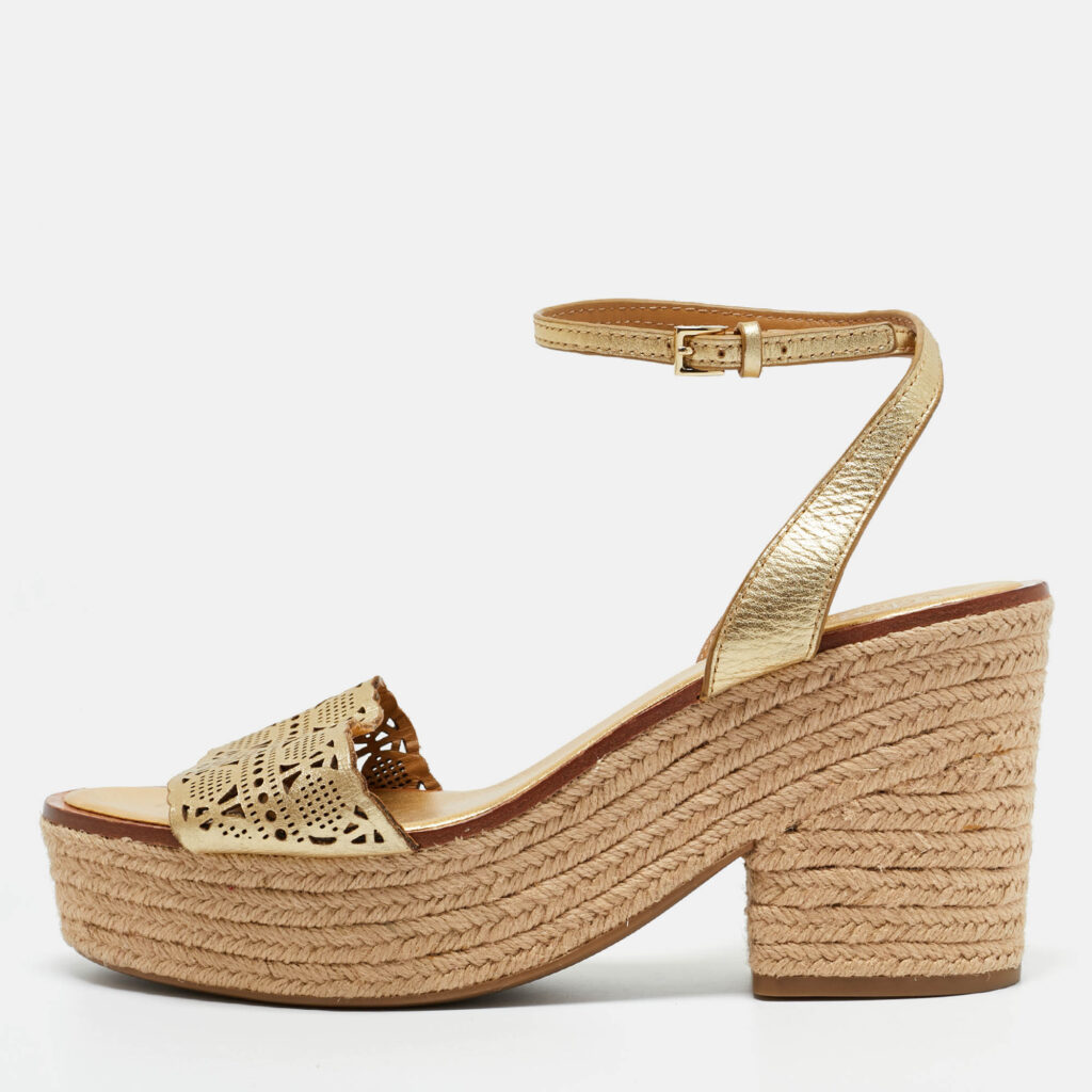 luxury-women-tory-burch-new-shoes-p1222290-010-1.jpg Tory Burch Gold Cutout Leather Roselle Espadrille Platform Sandals Size 41