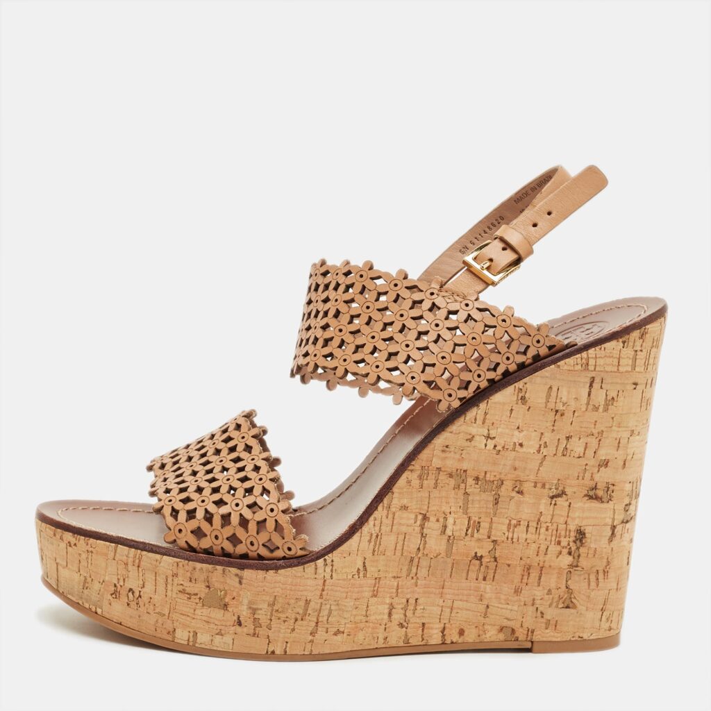 Tory Burch Beige Perforated Leather Daisy Cork Wedge Sandals Size 40.5