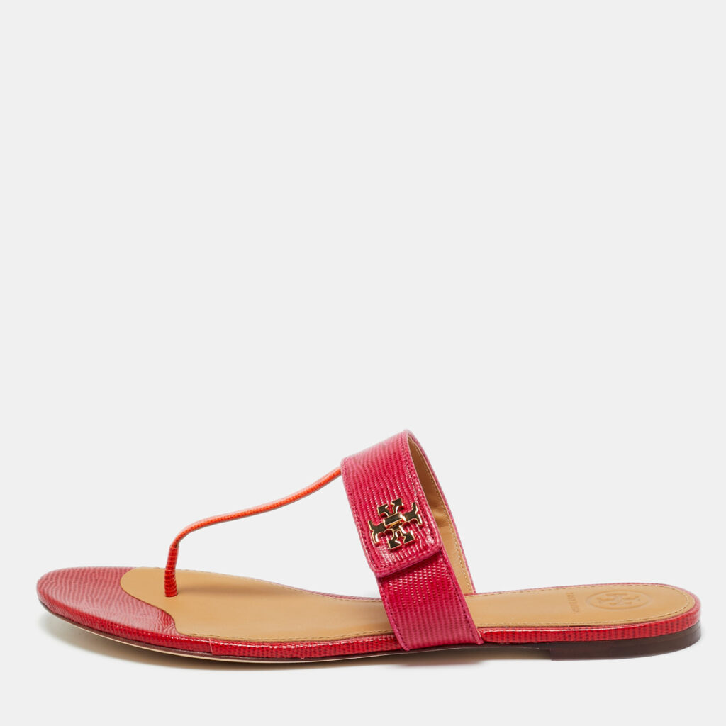 Tory Burch Kira Size 40 Pink/Orange Lizard Embossed Leather Thong Flat Sandals