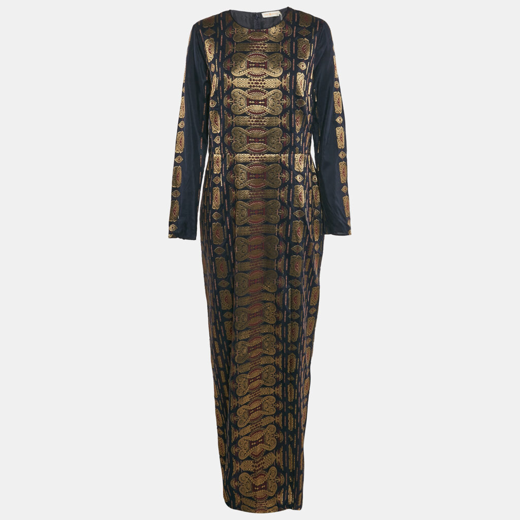 Tory Burch Navy Blue Lurex Jacquard Long Sleeve Maxi Dress L Tory Burch Navy Blue Lurex Jacquard Long Sleeve Maxi Dress L
