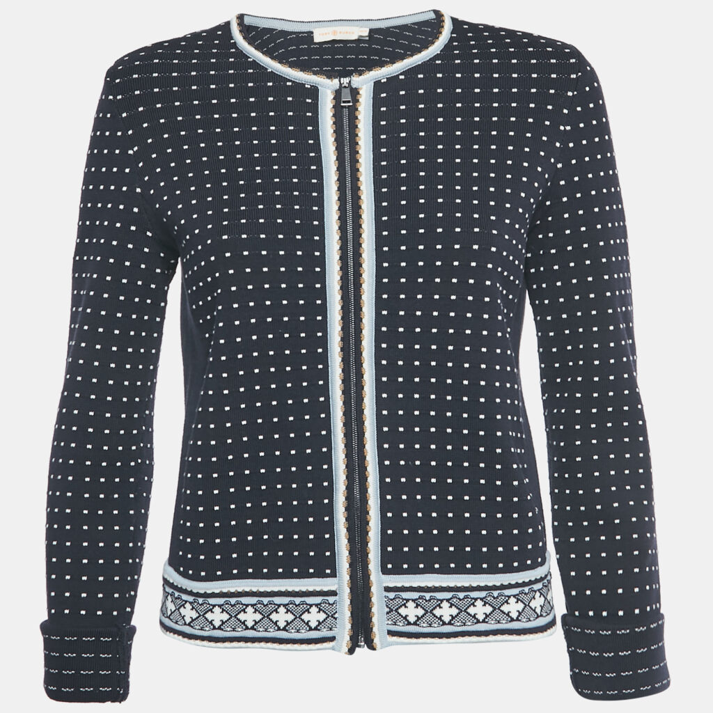 Tory Burch Navy Blue Dotted Stretch Knit Zip-up Jacket XS Tory Burch Navy Blue Dotted Stretch Knit Zip-up Jacket XS