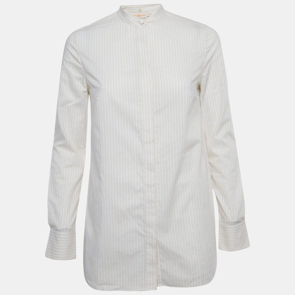 luxury-women-tory-burch-used-clothes-p1244716-003-1.jpg Tory Burch Beige Striped Cotton Long Sleeve Shirt XS