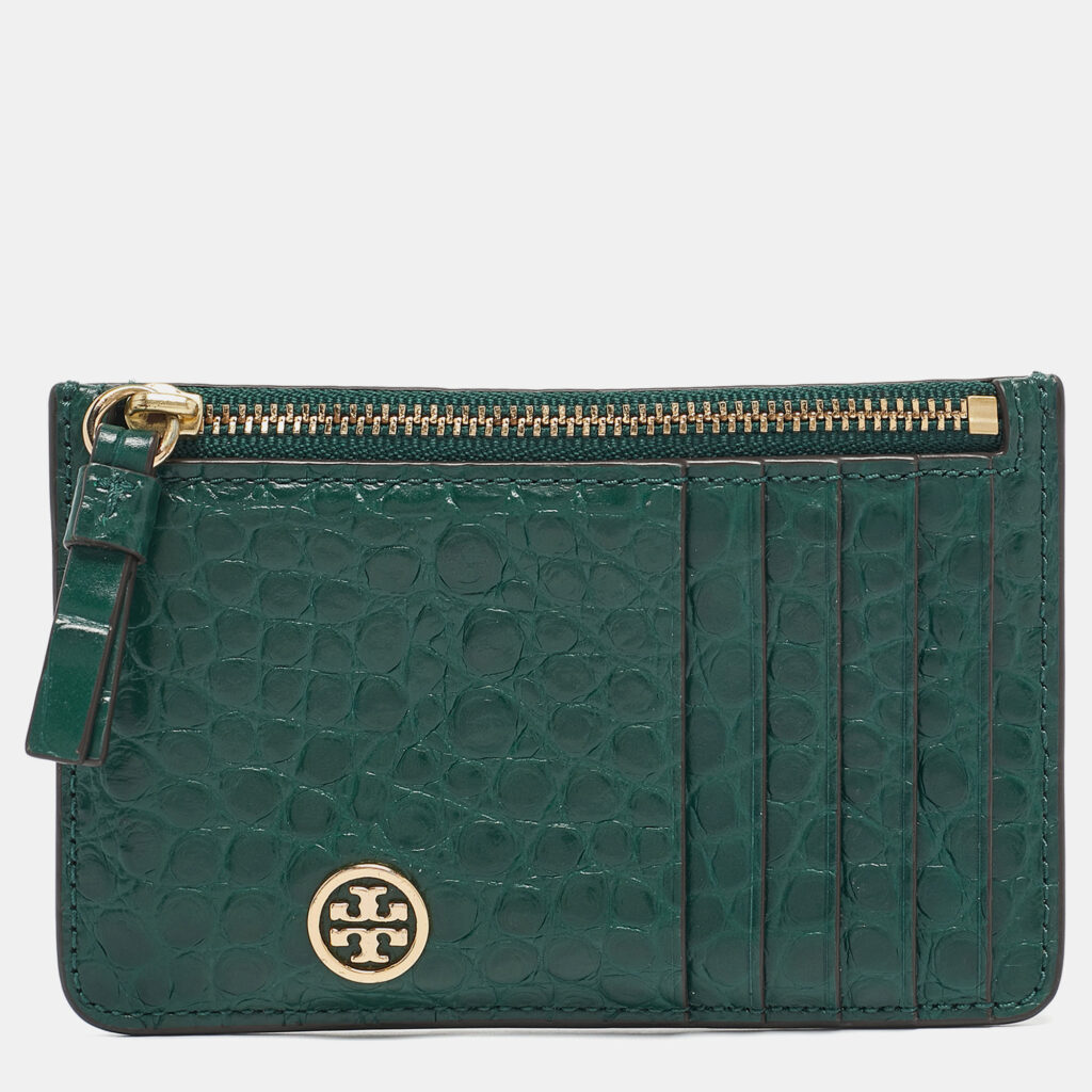Tory Burch Green Croc Embossed Leather Robinson Zip Card Case Tory Burch Green Croc Embossed Leather Robinson Zip Card Case