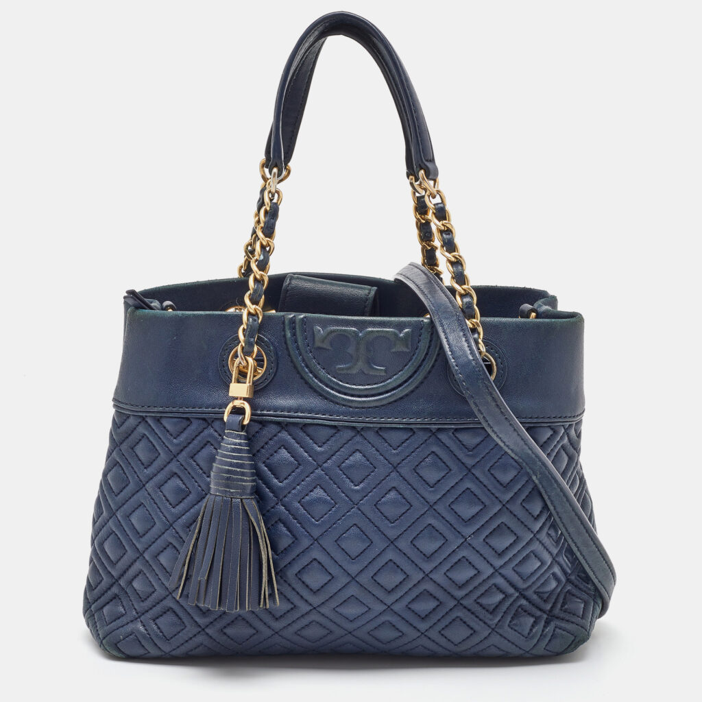 Tory Burch Navy Blue Quilted Leather Small Fleming Tote Tory Burch Navy Blue Quilted Leather Small Fleming Tote