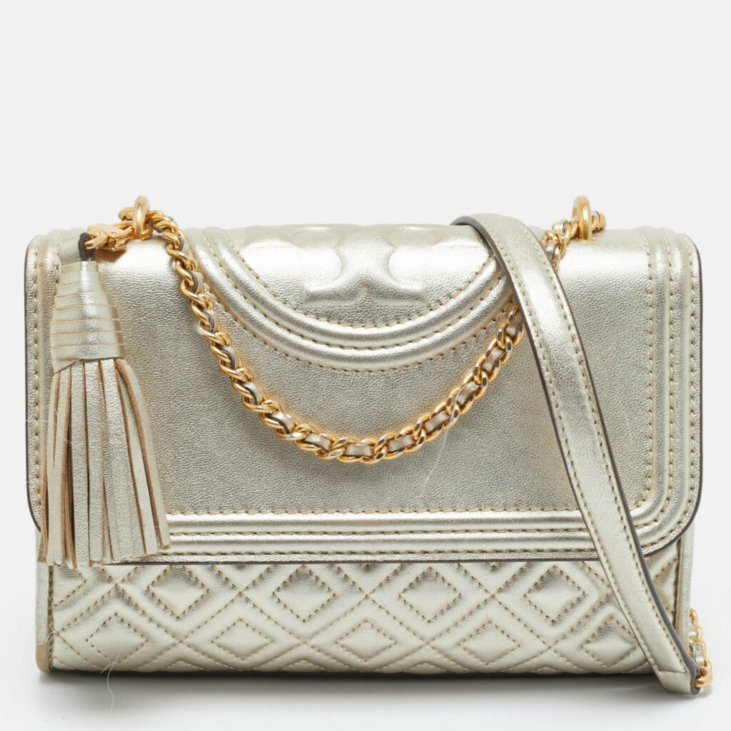 Tory Burch Pale Gold Leather Small Fleming Shoulder Bag