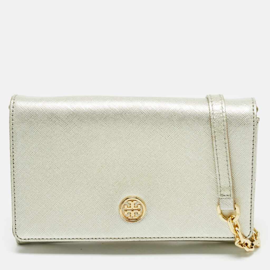 Tory Burch Silver Leather Robinson Wallet On Chain