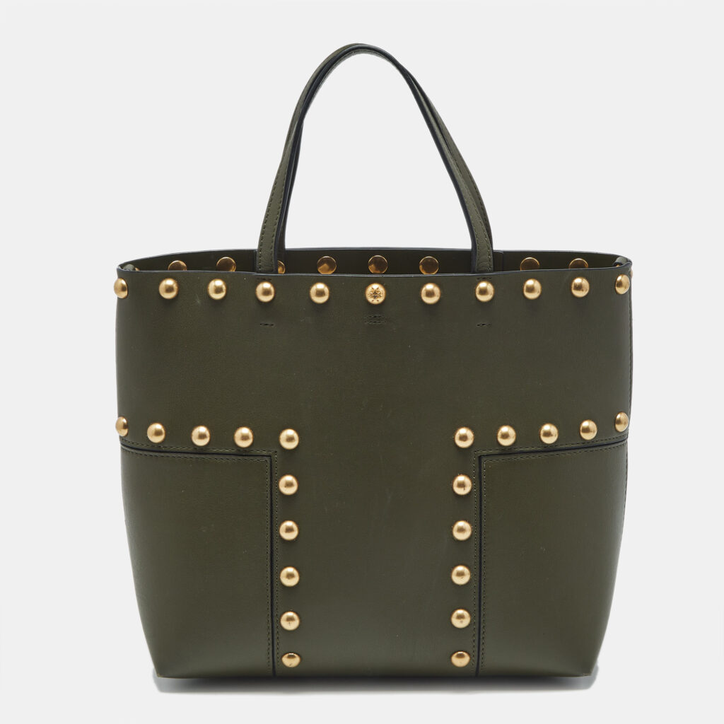Tory Burch Olive Green Leather Block-T Stud Tote Tory Burch Olive Green Leather Block-T Stud Tote