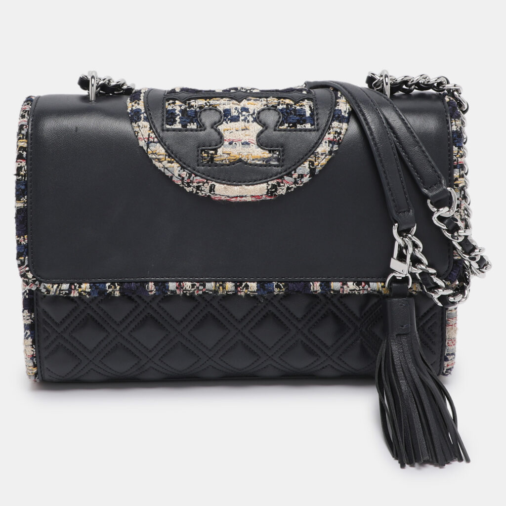 Tory Burch Navy Blue Quilted Leather and Tweed Trim Fleming Shoulder Bag