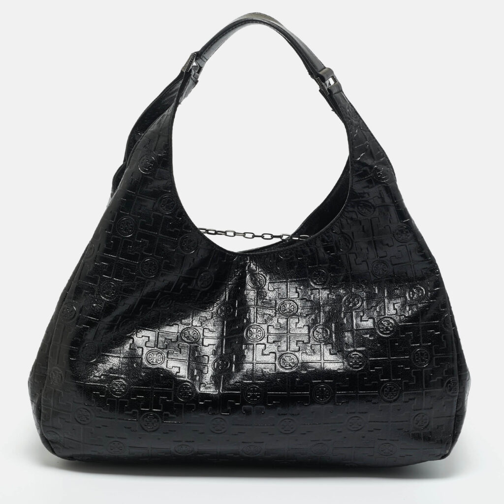 Tory Burch Black Logo Embossed Leather Dafina Hobo Tory Burch Black Logo Embossed Leather Dafina Hobo