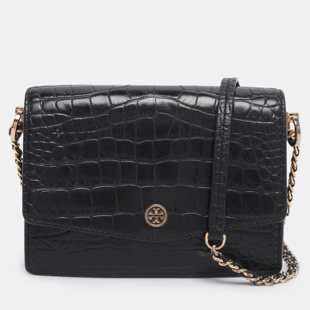 Tory Burch Black Croc Embossed Leather Emerson Crossbody Bag Tory Burch Black Croc Embossed Leather Emerson Crossbody Bag