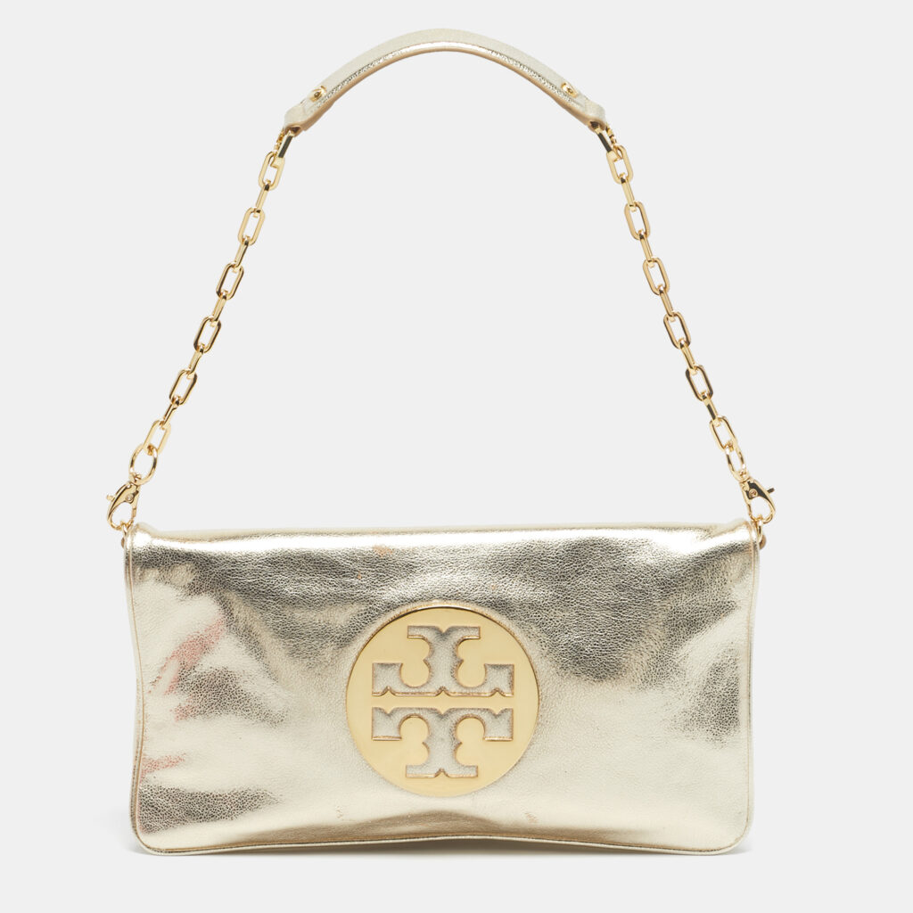 Tory Burch Gold Leather Reva Chain Clutch Tory Burch Gold Leather Reva Chain Clutch