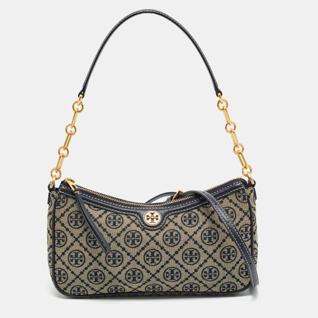 Tory Burch Navy Blue T Monogram Jacquard and Leather Studio Shoulder Bag Tory Burch Navy Blue T Monogram Jacquard and Leather Studio Shoulder Bag