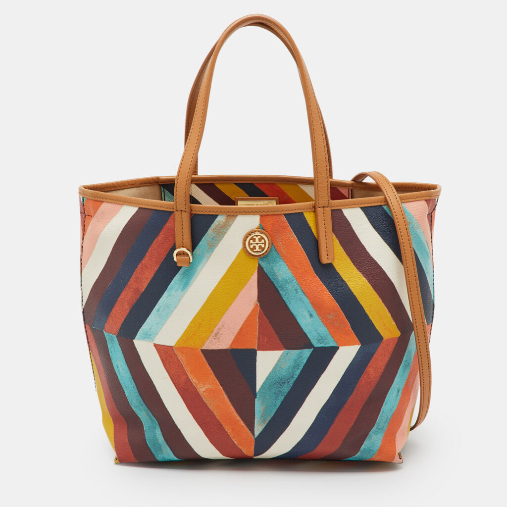 Tory Burch Multicolor Diamond Stripe Coated Canvas and Leather Kerrington Tote Tory Burch Multicolor Diamond Stripe Coated Canvas and Leather Kerrington Tote