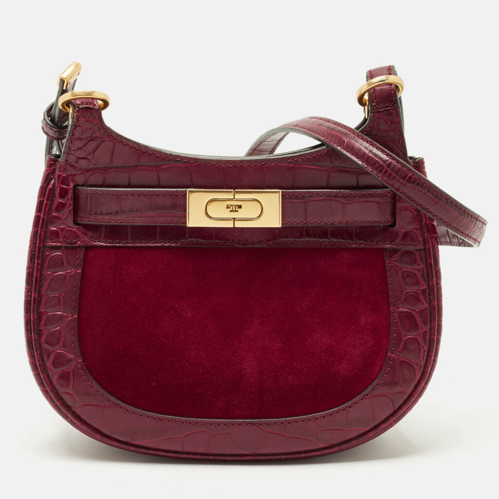 luxury-women-tory-burch-used-handbags-p1213893-014-1.jpg Tory Burch Red Croc Embossed Leather and Suede Lee Radziwill Saddle Bag