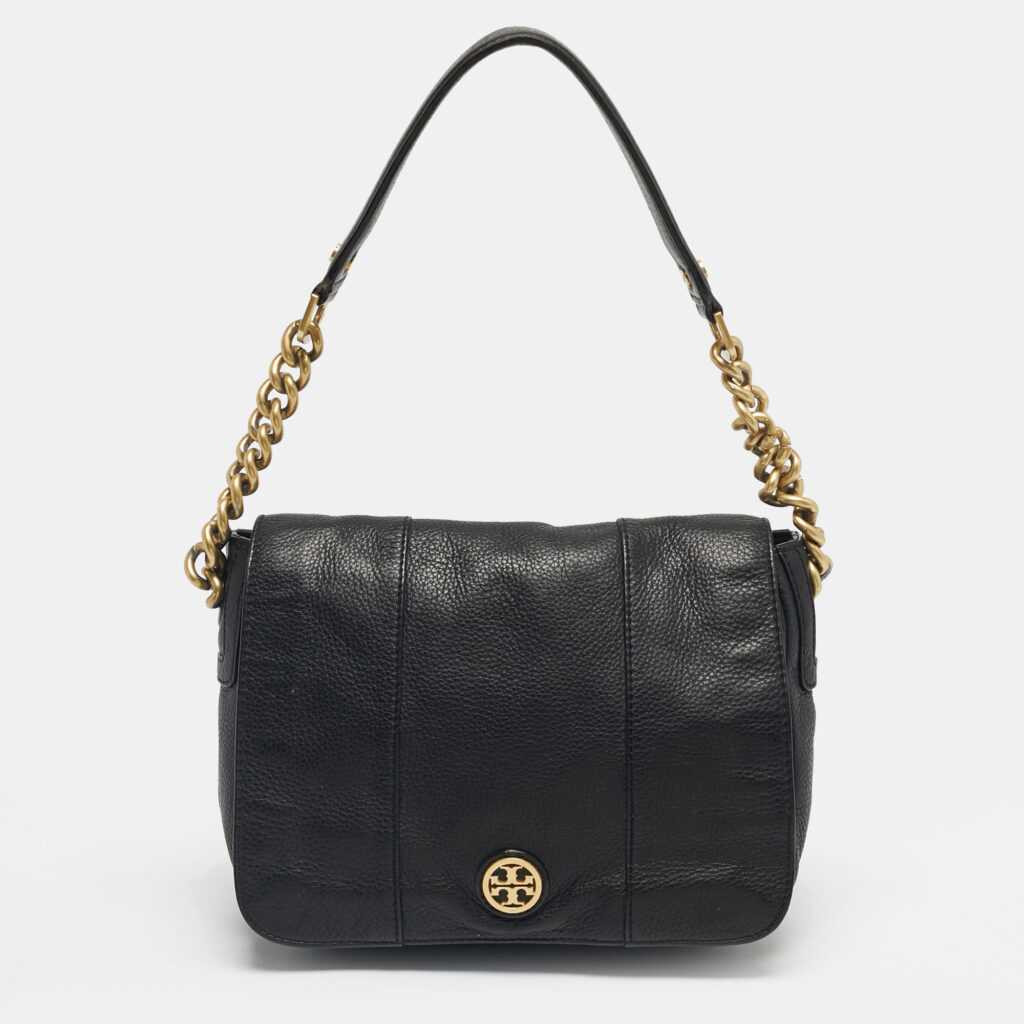 Tory Burch Black Leather Logo Flap Shoulder Bag Tory Burch Black Leather Logo Flap Shoulder Bag