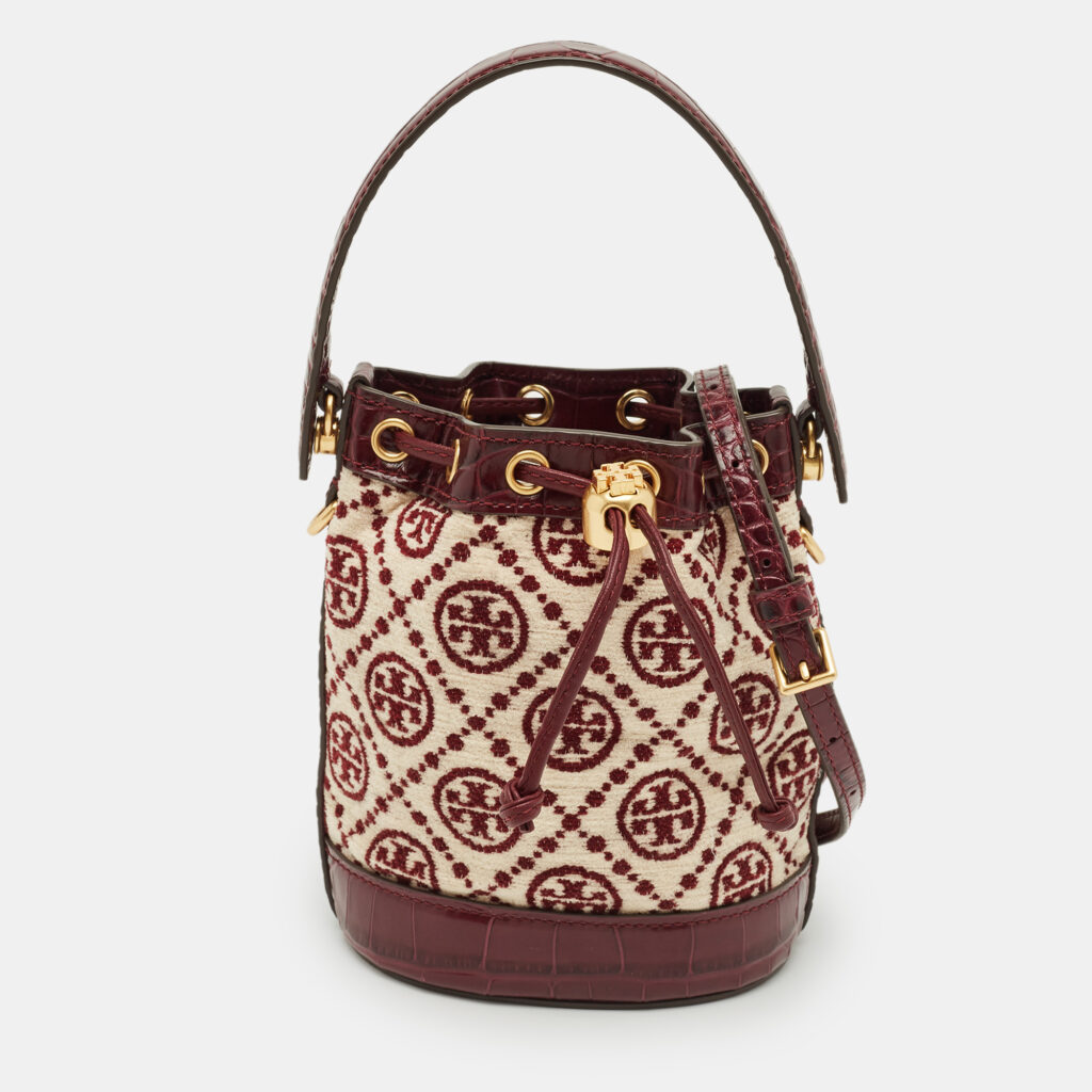 Tory Burch Burgundy T Monogram Fabric and Croc Embossed Leather Chenille Bucket Bag Tory Burch Burgundy T Monogram Fabric and Croc Embossed Leather Chenille Bucket Bag